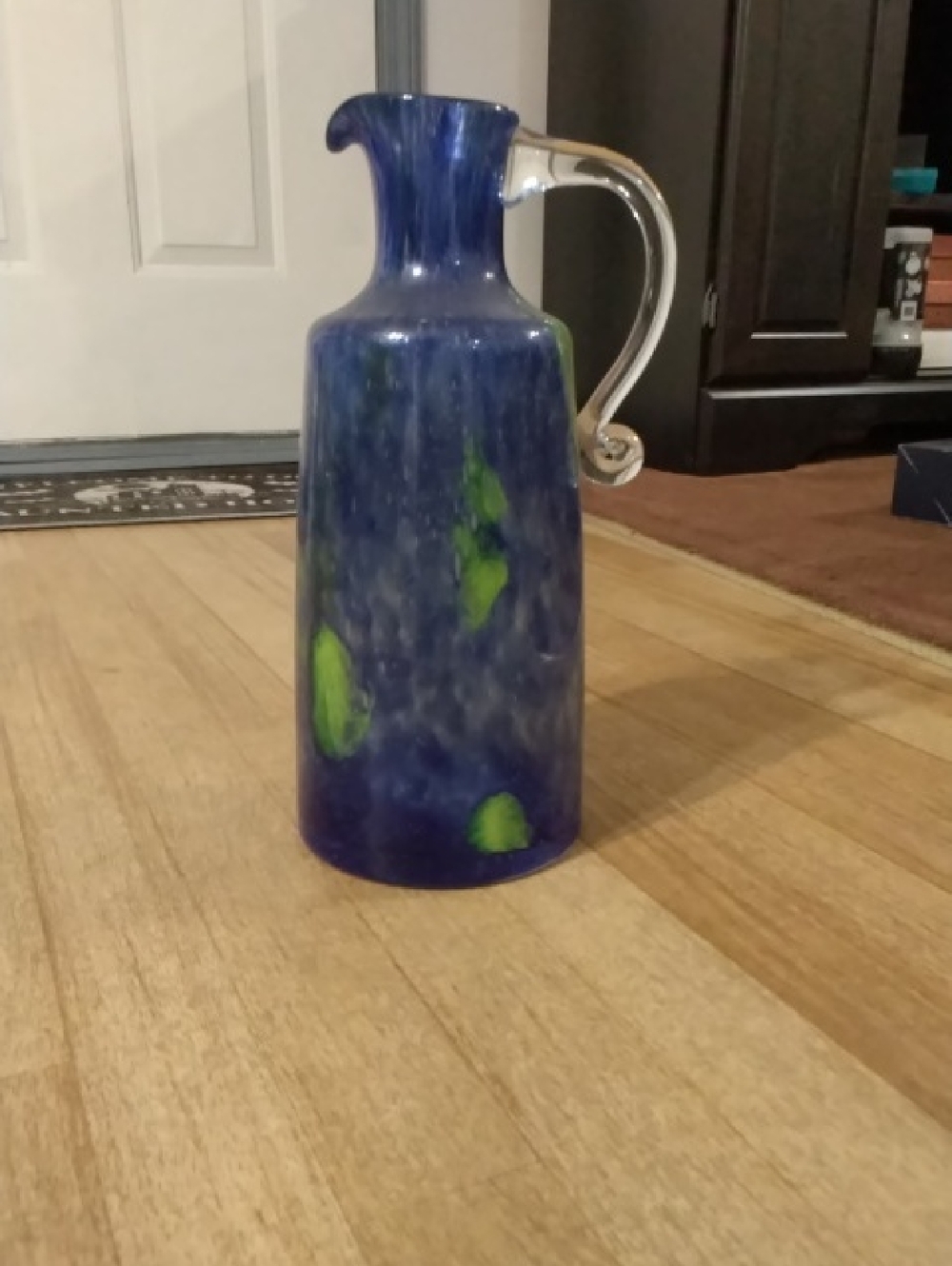 Blue Art Glass Pitcher with Lime Green Accents